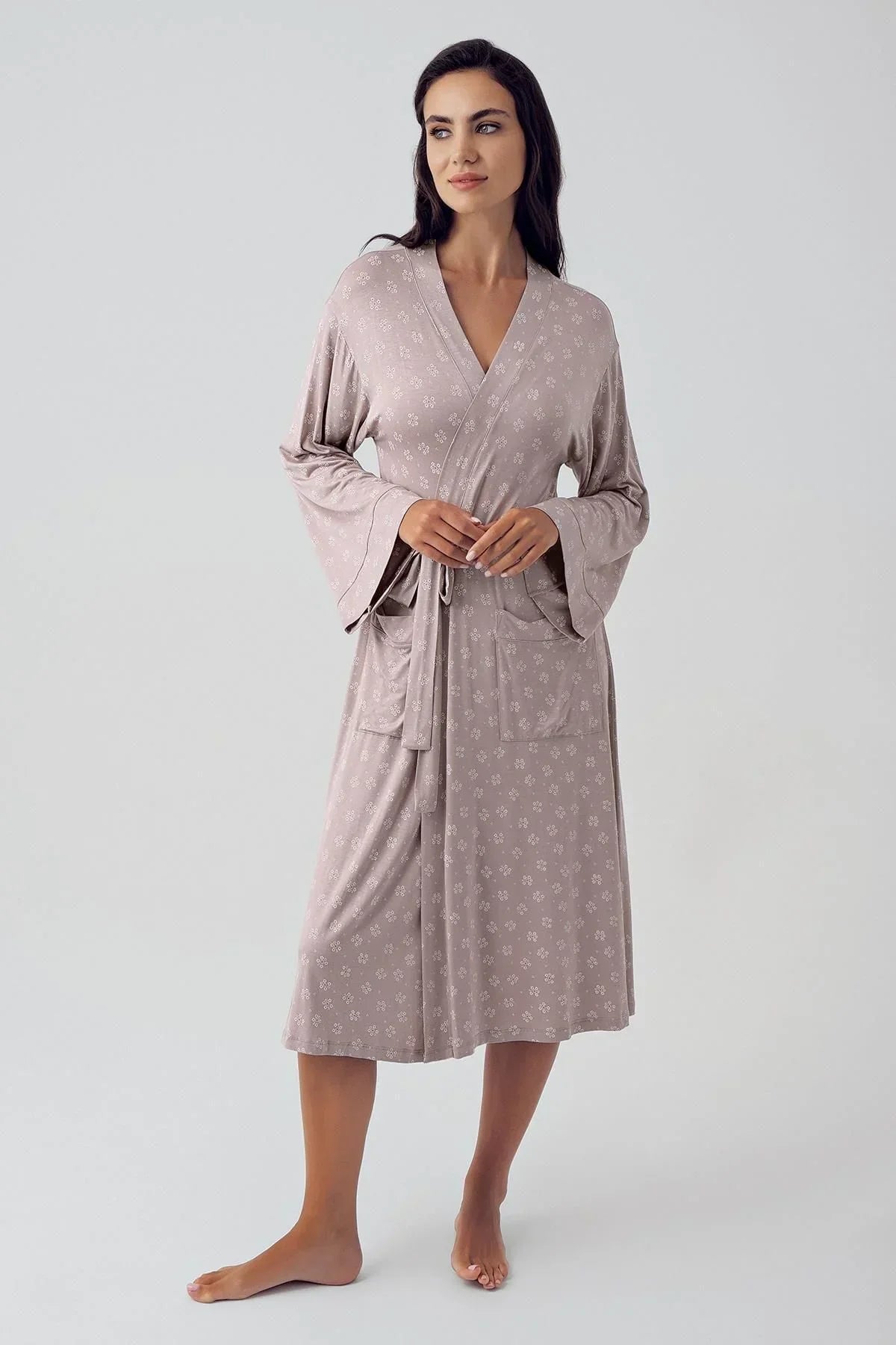 Flower Patterned Maternity Robe Mink - 15505