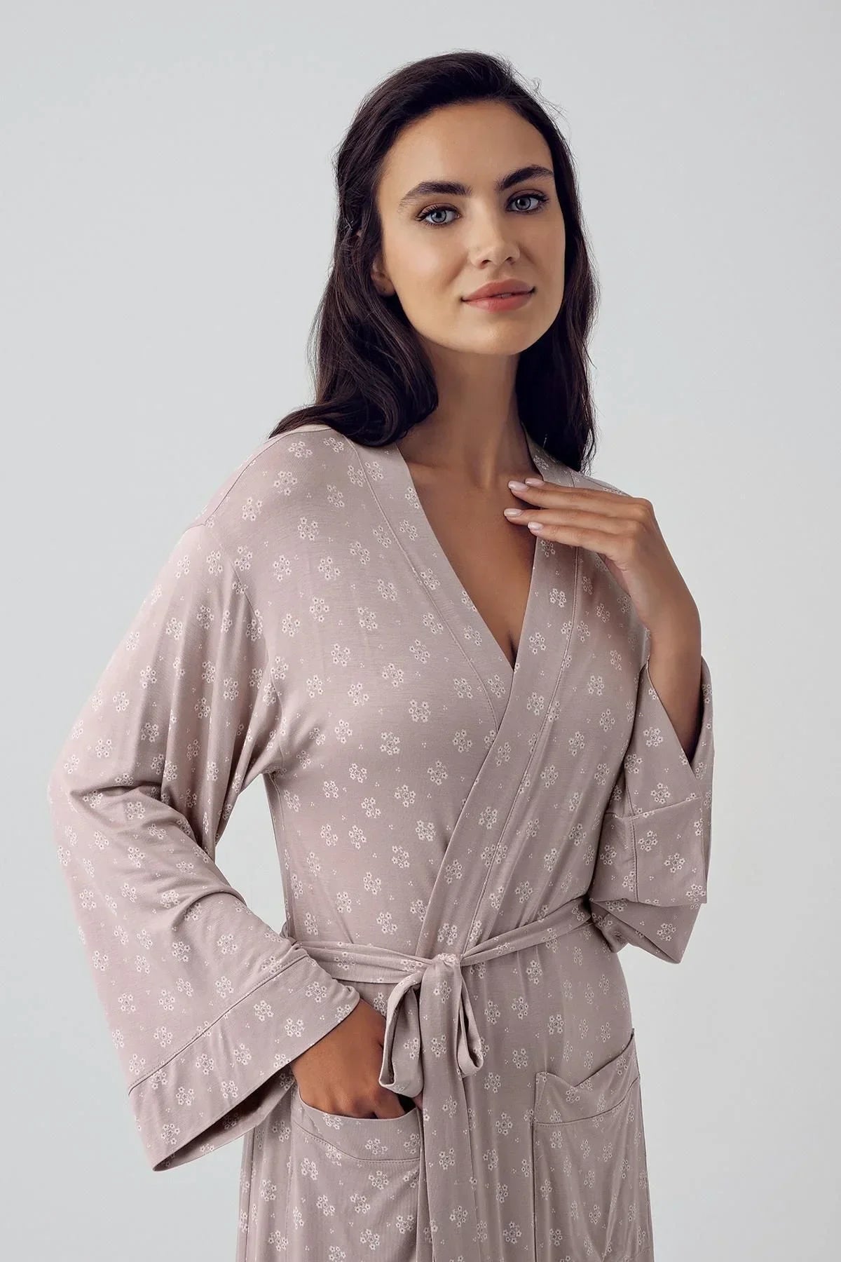 Flower Patterned Maternity Robe Mink - 15505