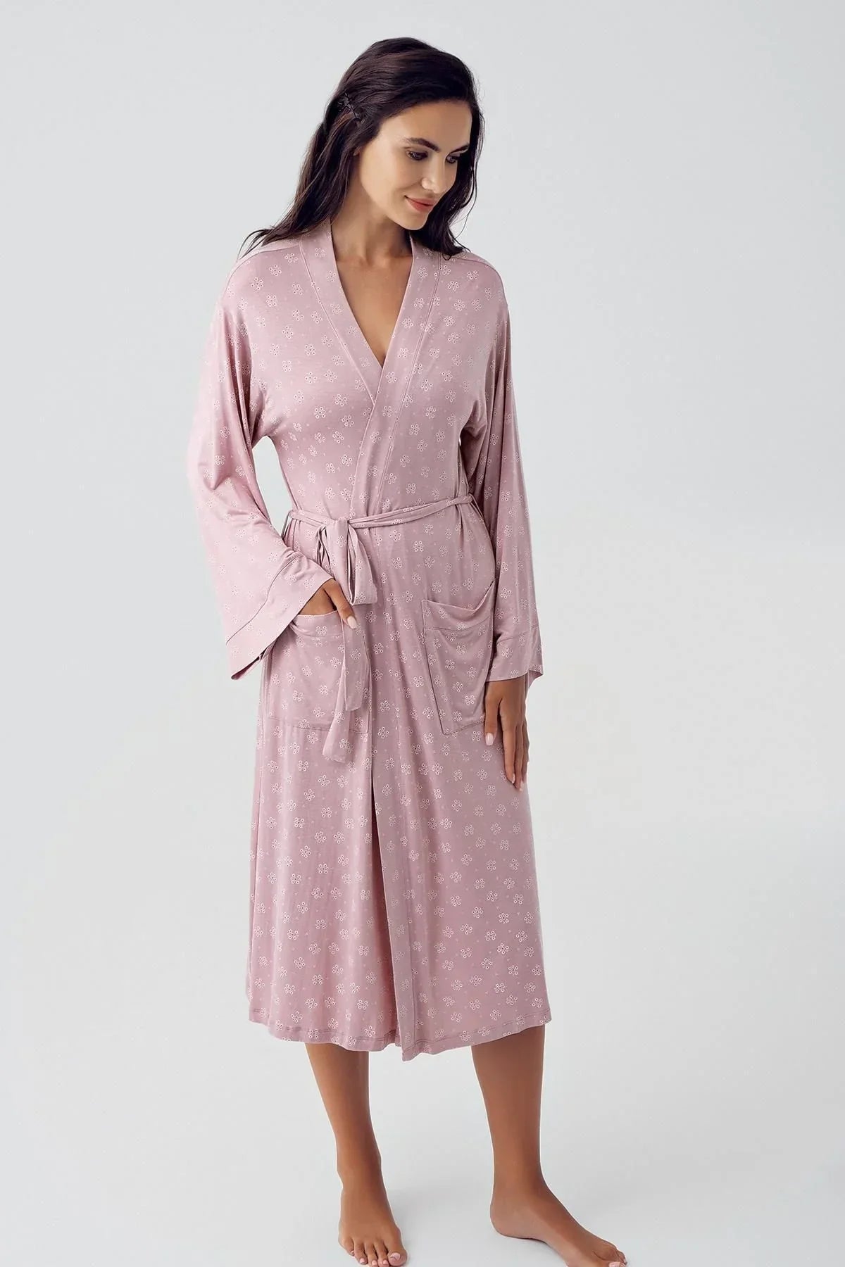Flower Patterned Maternity Robe Powder - 15505