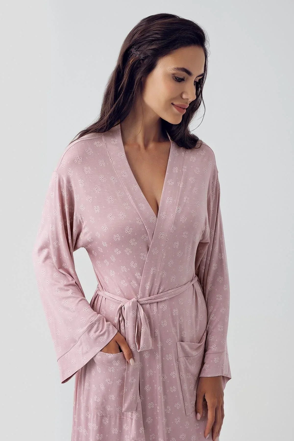 Flower Patterned Maternity Robe Powder - 15505