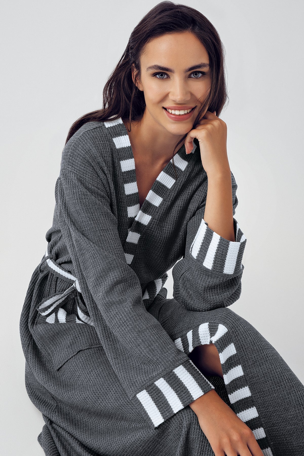 Knitwear Long Maternity Robe Anthracite - 15513