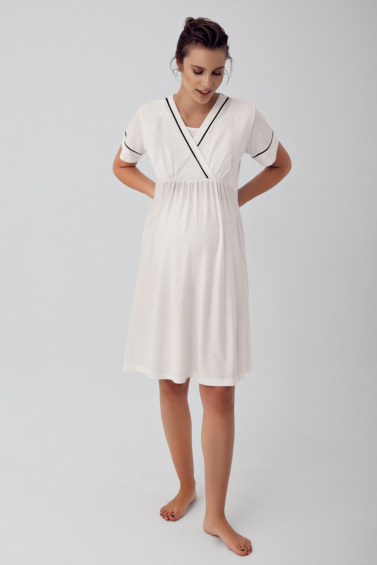 Double Breasted Maternity-Nursing Nightgown & Robe Set Ecru - 16402