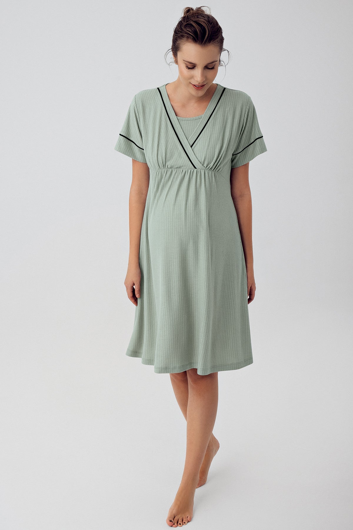 Double Breasted Maternity-Nursing Nightgown & Robe Set Green - 16402