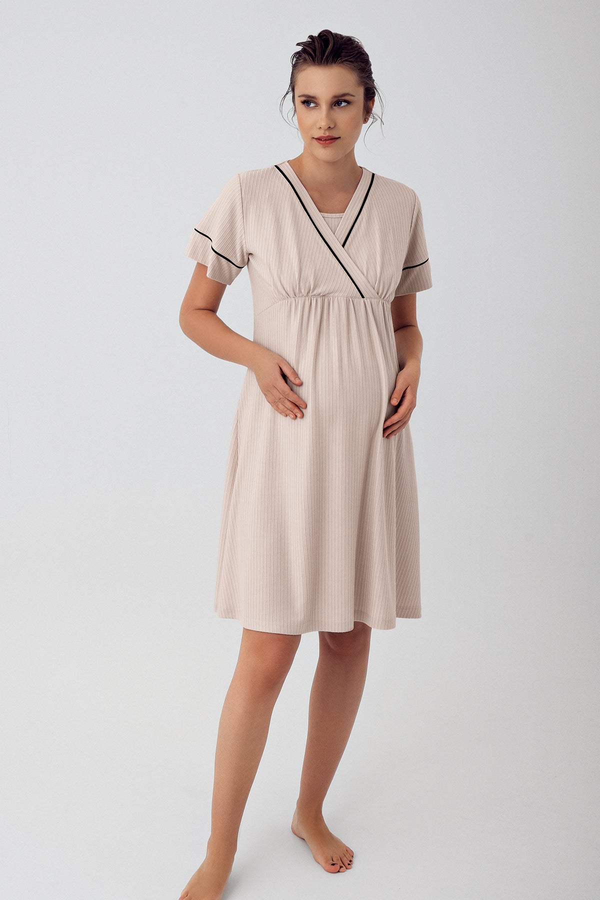 Double Breasted Maternity-Nursing Nightgown & Robe Set Beige - 16402