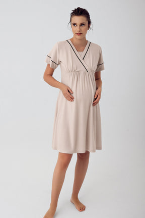 Double Breasted Maternity-Nursing Nightgown & Robe Set Beige - 16402