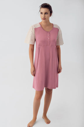 Lace Sleeve Maternity & Nursing Nightgown Dried Rose - 16106