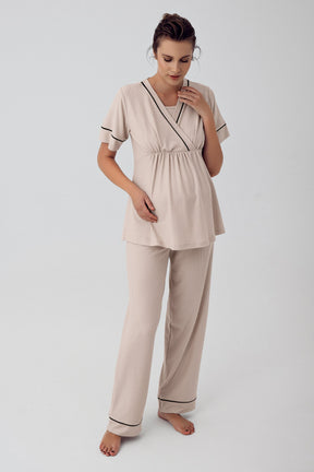 Double Breasted 3-Piece Maternity-Nursing Pajama & Robe Set Beige - 16302