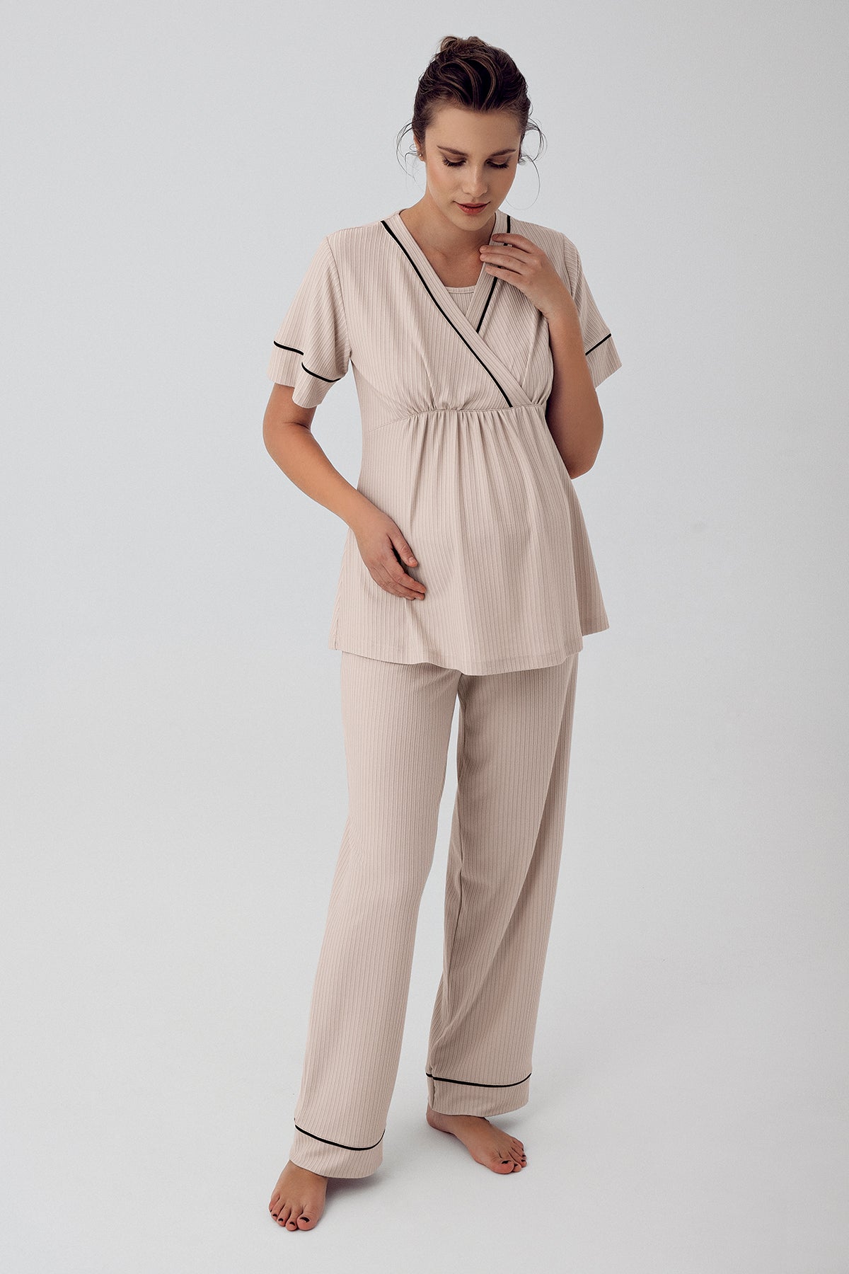 Double Breasted Maternity & Nursing Pajama Set Beige - 16202