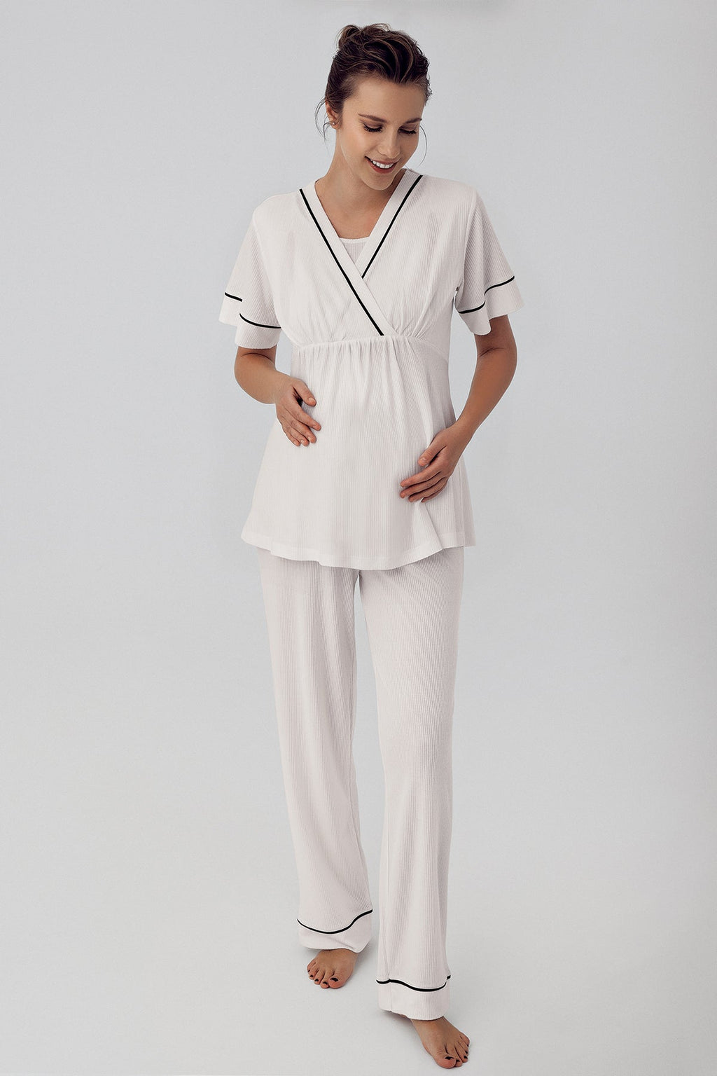 Double Breasted 3-Piece Maternity Feeding-Friendly Pajama & Robe Set Ecru - S16302