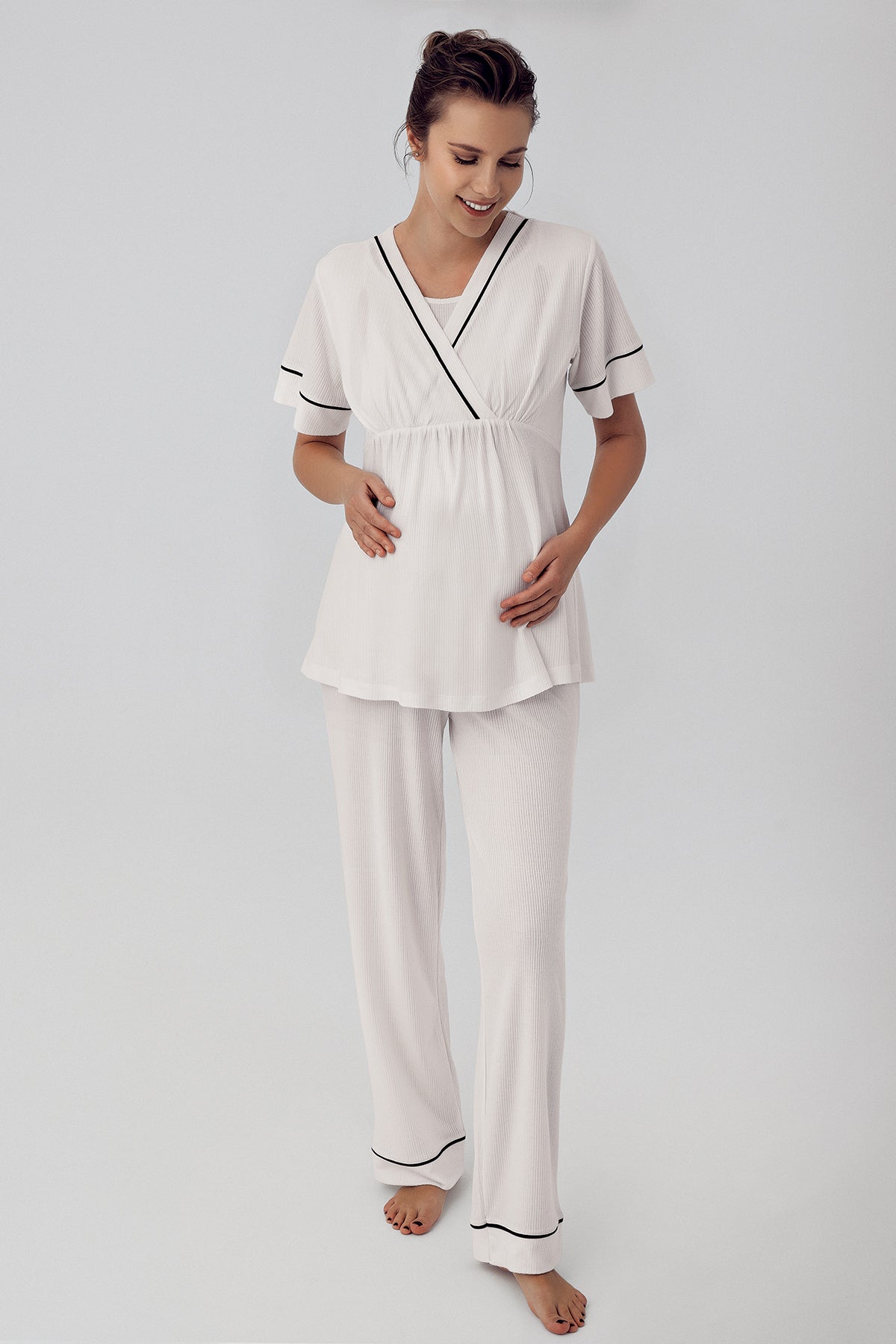 Double Breasted 3-Piece Maternity-Nursing Pajama & Robe Set Ecru - 16302