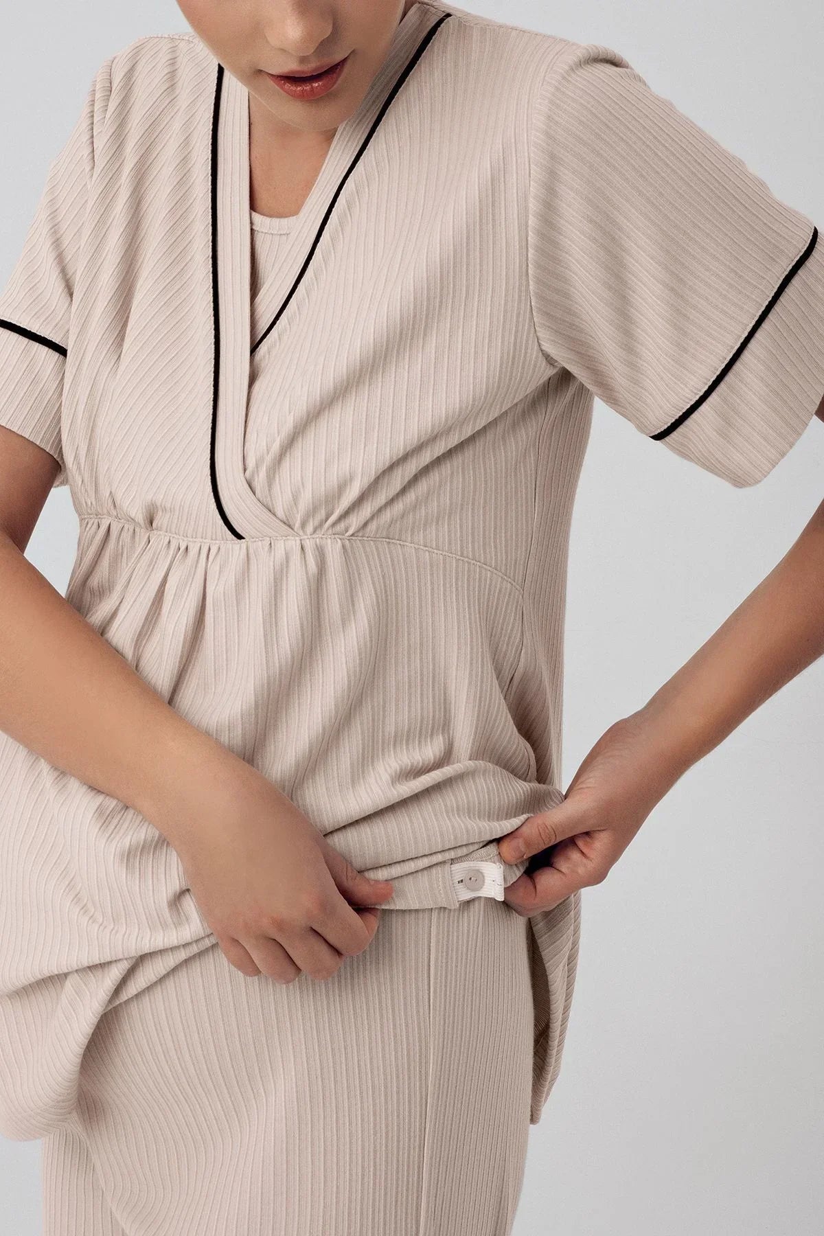 Double Breasted 3-Piece Maternity-Nursing Pajama & Robe Set Beige - 16302