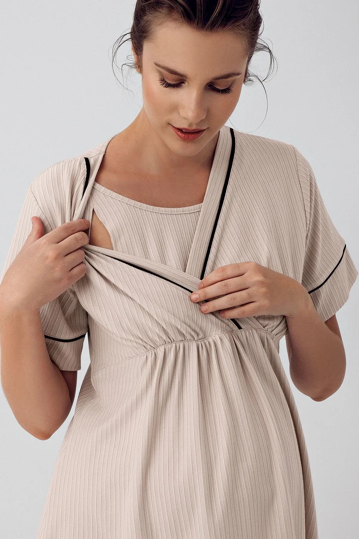 Double Breasted Maternity & Nursing Pajama Set Beige - 16202
