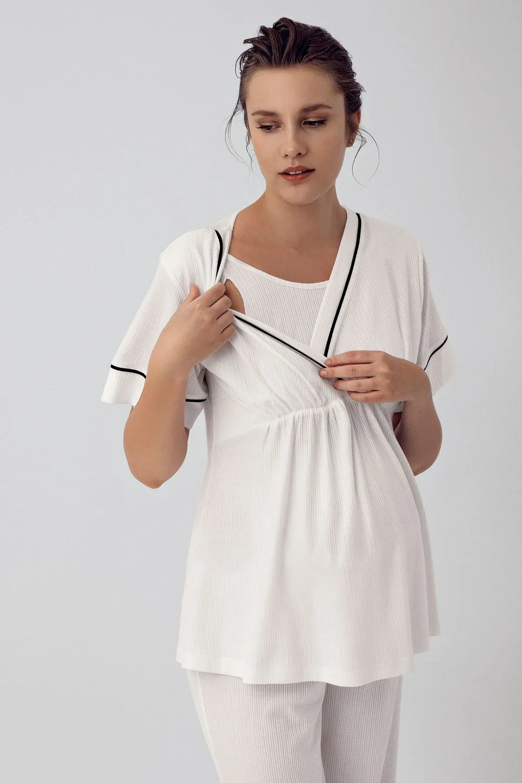 Double Breasted 3-Piece Maternity Feeding-Friendly Pajama & Robe Set Ecru - S16302