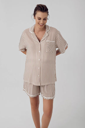 Striped Maternity & Nursing Shorts Set Beige - 16204