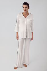Strip Maternity & Nursing Pajamas Ecru - 16207