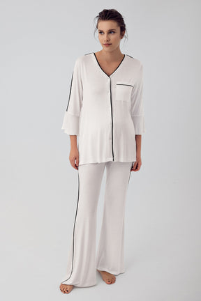 Strip Maternity & Nursing Pajamas Ecru - 16207