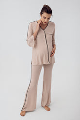 Strip Maternity & Nursing Pajamas Beige - 16207