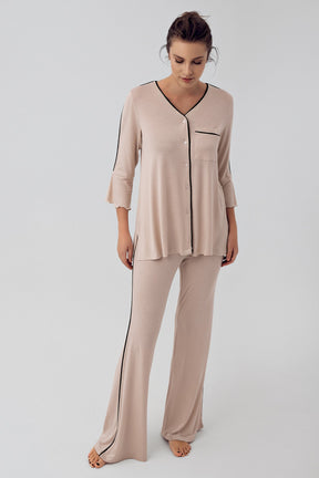 Strip Maternity & Nursing Pajamas Beige - 16207