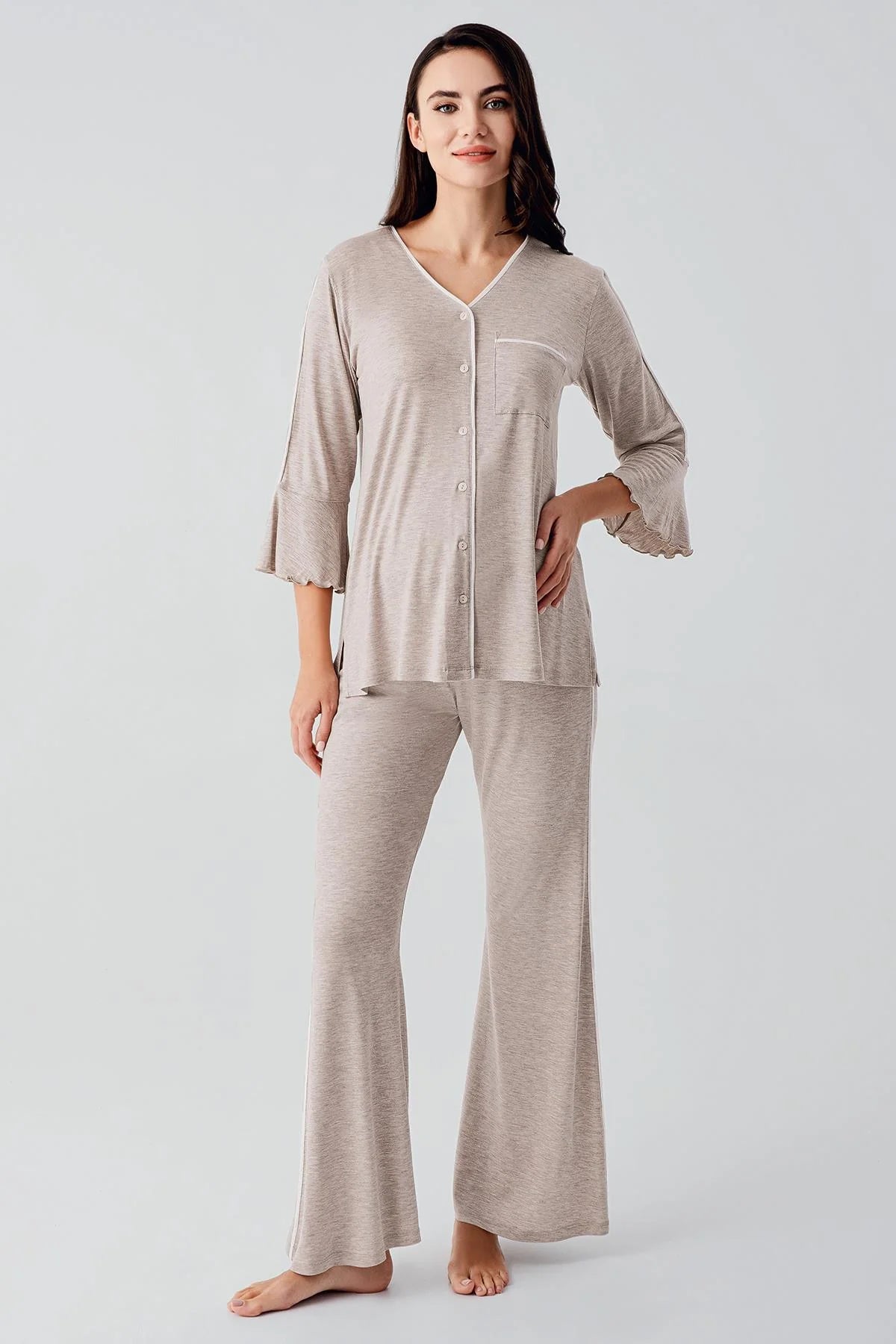 Strip Maternity Feeding-Friendly Pajama Set Beige - S16207