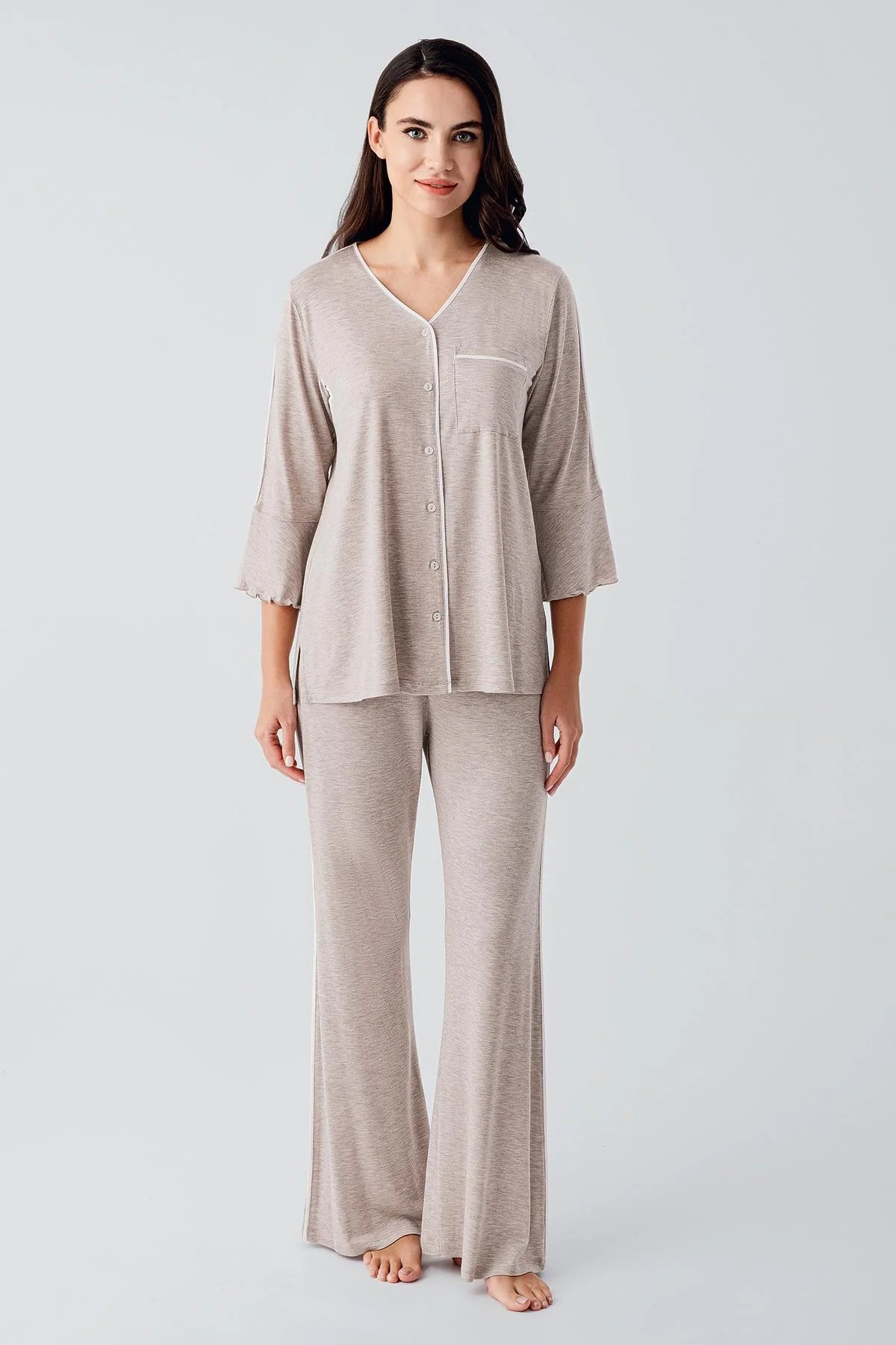 Strip Maternity Feeding-Friendly Pajama Set Beige - S16207