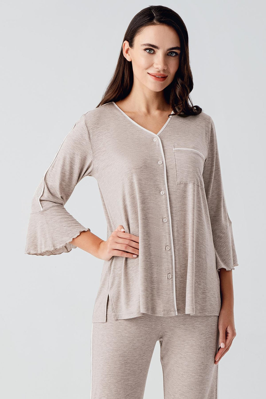 Strip Maternity Feeding-Friendly Pajama Set Beige - S16207