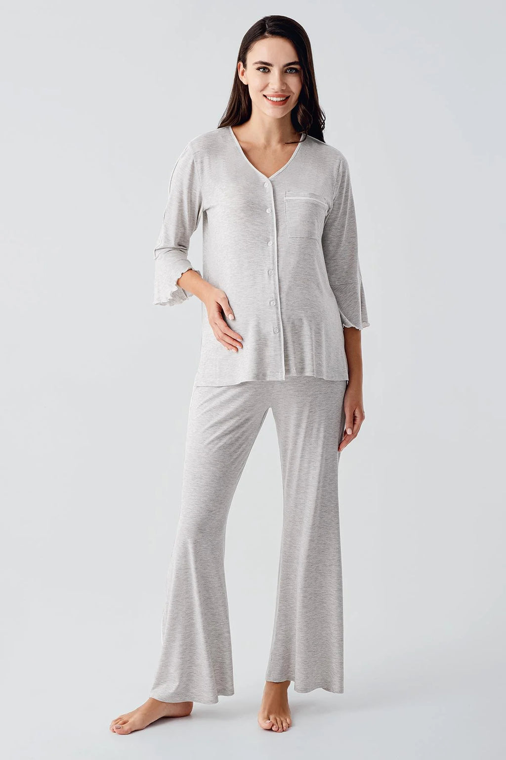 Strip Maternity & Nursing Pajama Set Grey - 16207