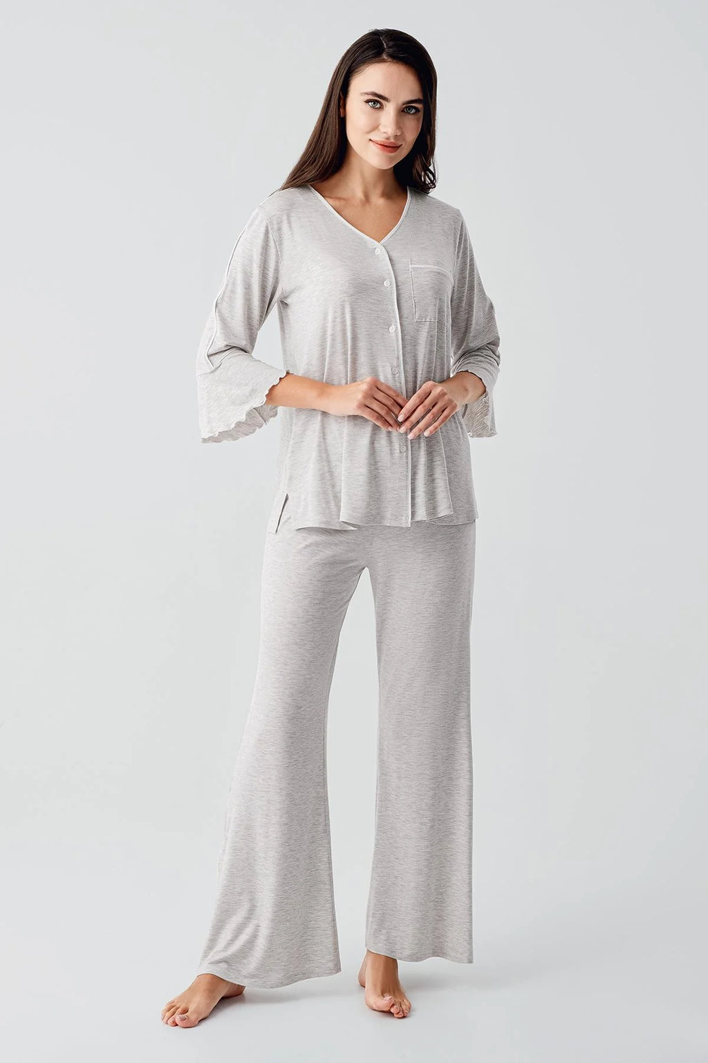 Strip Maternity & Nursing Pajama Set Grey - 16207