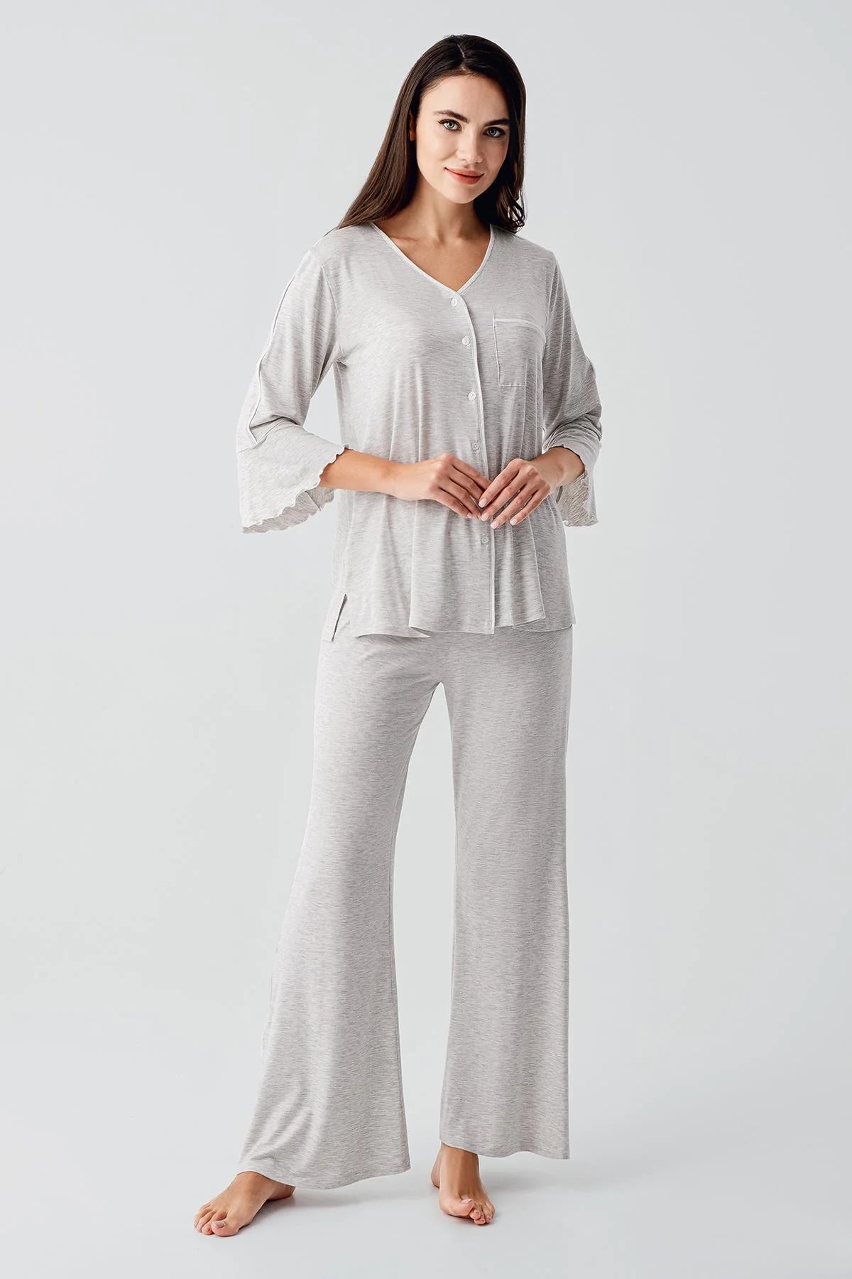 Strip Maternity & Nursing Pajama Set Grey - 16207