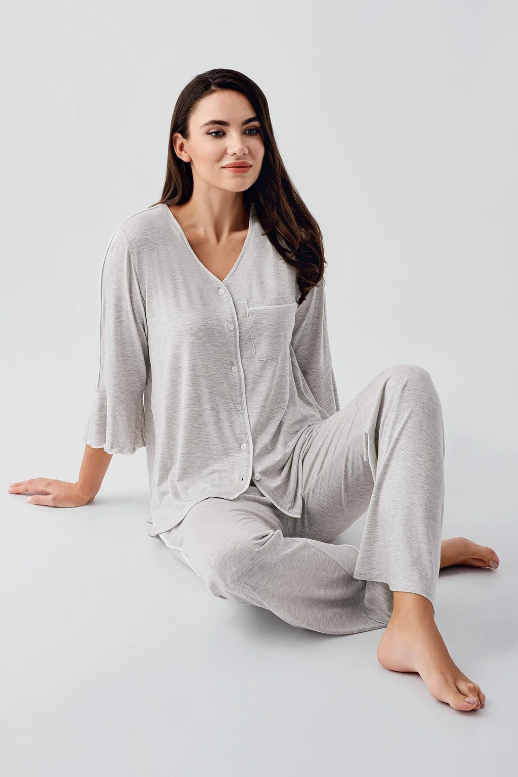 Strip Maternity & Nursing Pajama Set Grey - 16207