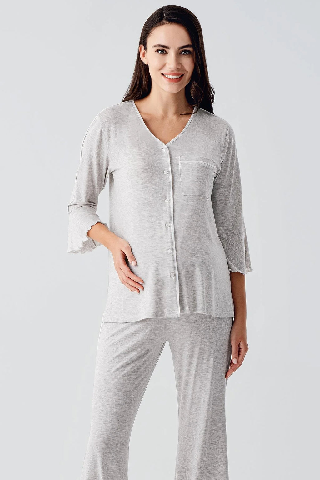 Strip Maternity & Nursing Pajama Set Grey - 16207