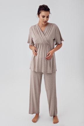 Double Breasted Maternity & Nursing Pajamas Beige - 16209