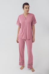 Lace Sleeve Maternity & Nursing Pajamas Dried Rose - 16211