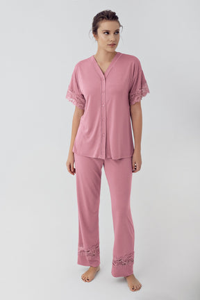 Lace Sleeve Maternity & Nursing Pajamas Dried Rose - 16211