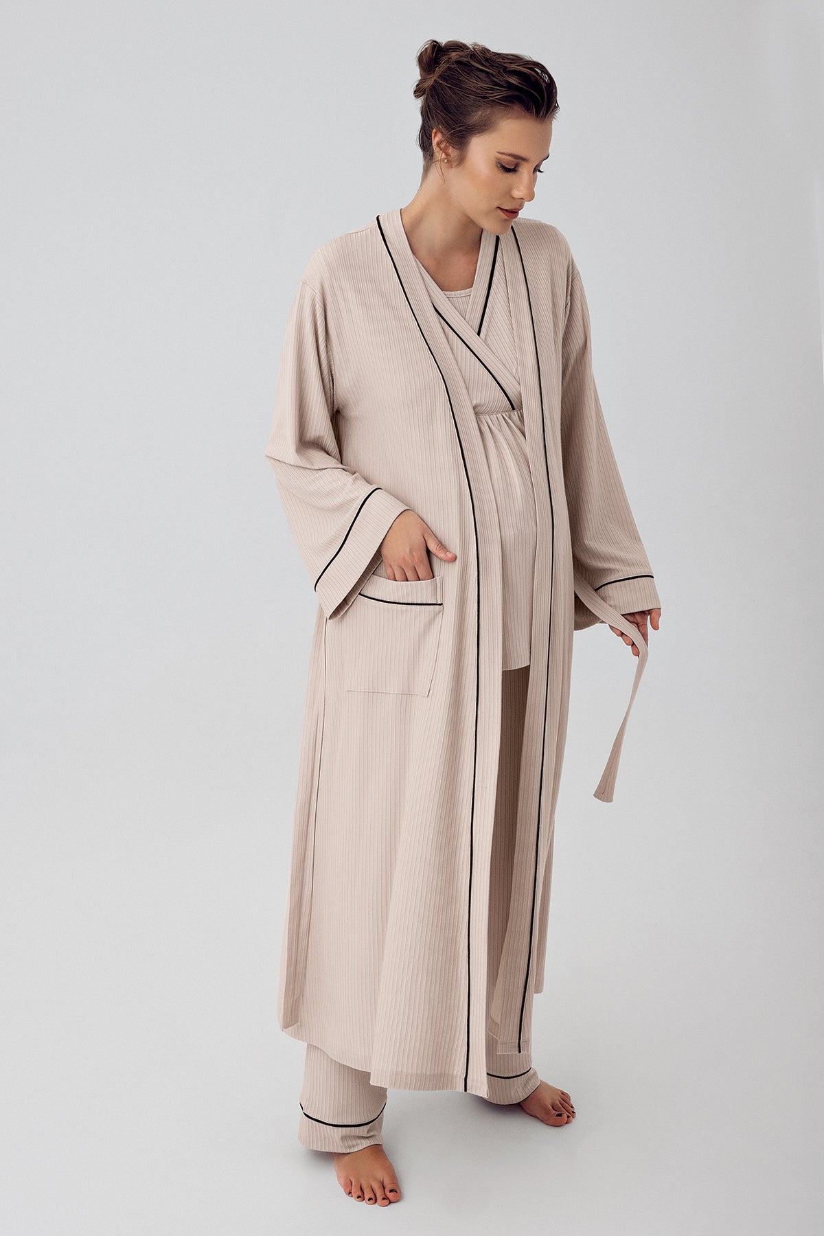 Double Breasted 3-Piece Maternity-Nursing Pajama & Robe Set Beige - 16302