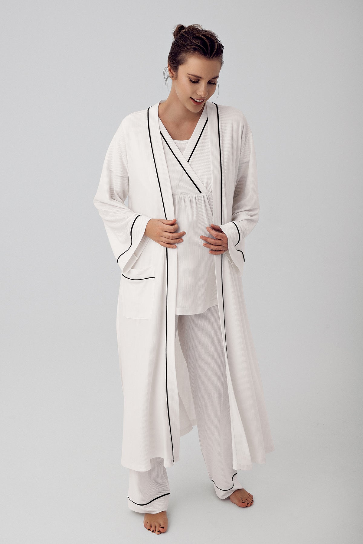 Double Breasted 3-Piece Maternity-Nursing Pajama & Robe Set Ecru - 16302