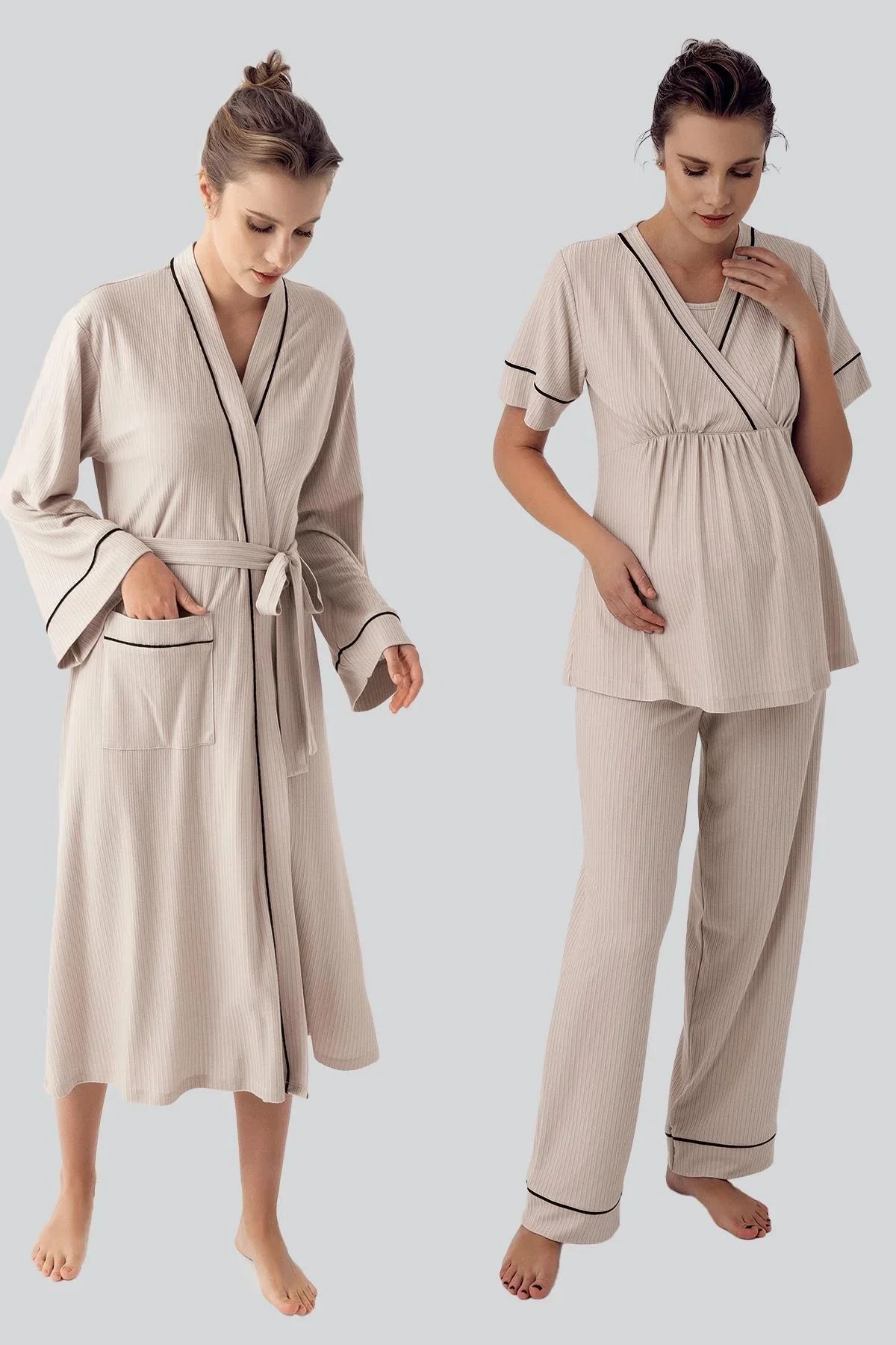 Double Breasted 3-Piece Maternity-Nursing Pajama & Robe Set Beige - 16302