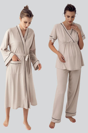 Double Breasted 3-Piece Maternity-Nursing Pajama & Robe Set Beige - 16302