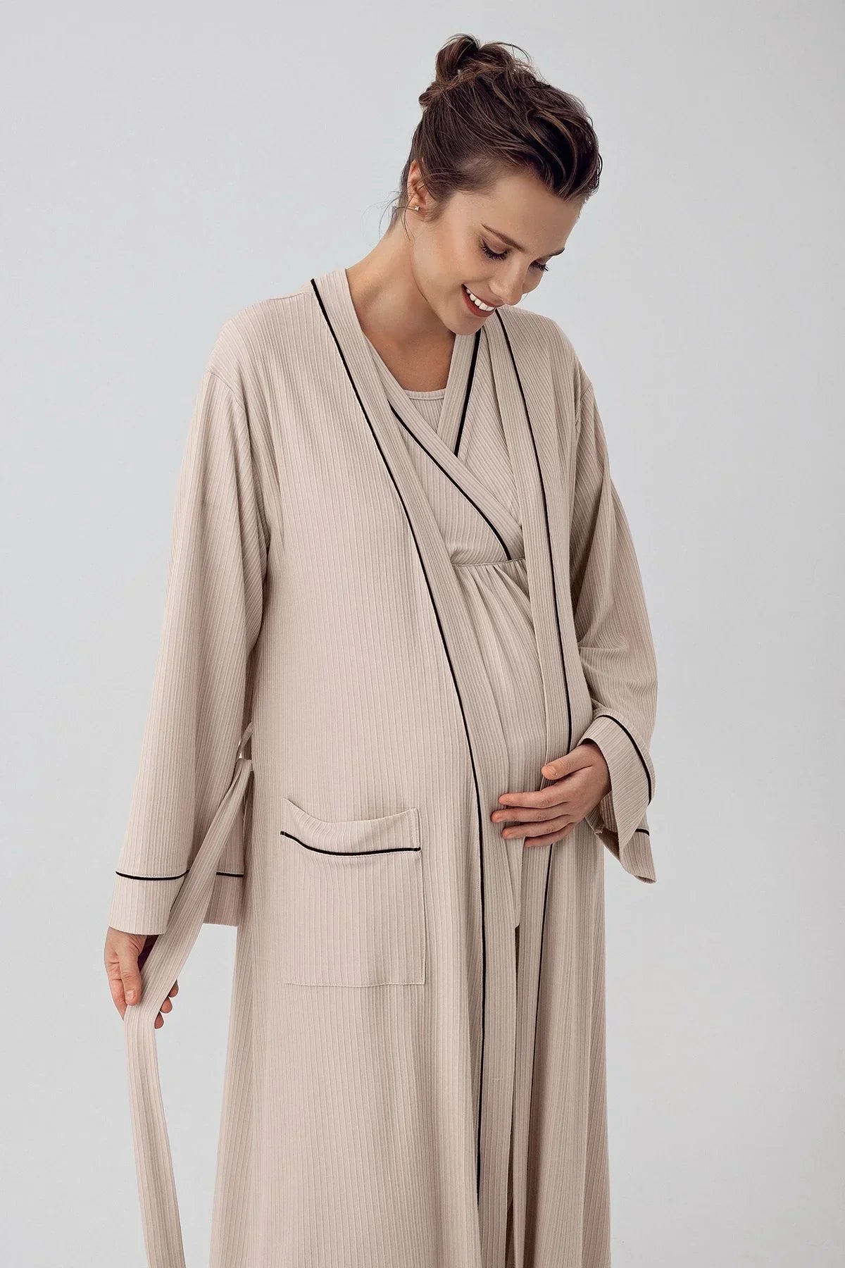 Double Breasted 3-Piece Maternity-Nursing Pajama & Robe Set Beige - 16302
