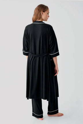 Double Breasted 3-Piece Maternity-Nursing Pajama & Robe Set Black - 16302