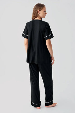 Double Breasted 3-Piece Maternity-Nursing Pajama & Robe Set Black - 16302