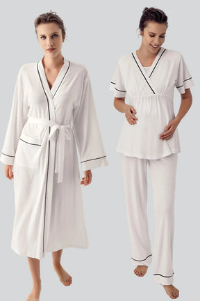 Double Breasted 3-Piece Maternity-Nursing Pajama & Robe Set Ecru - 16302