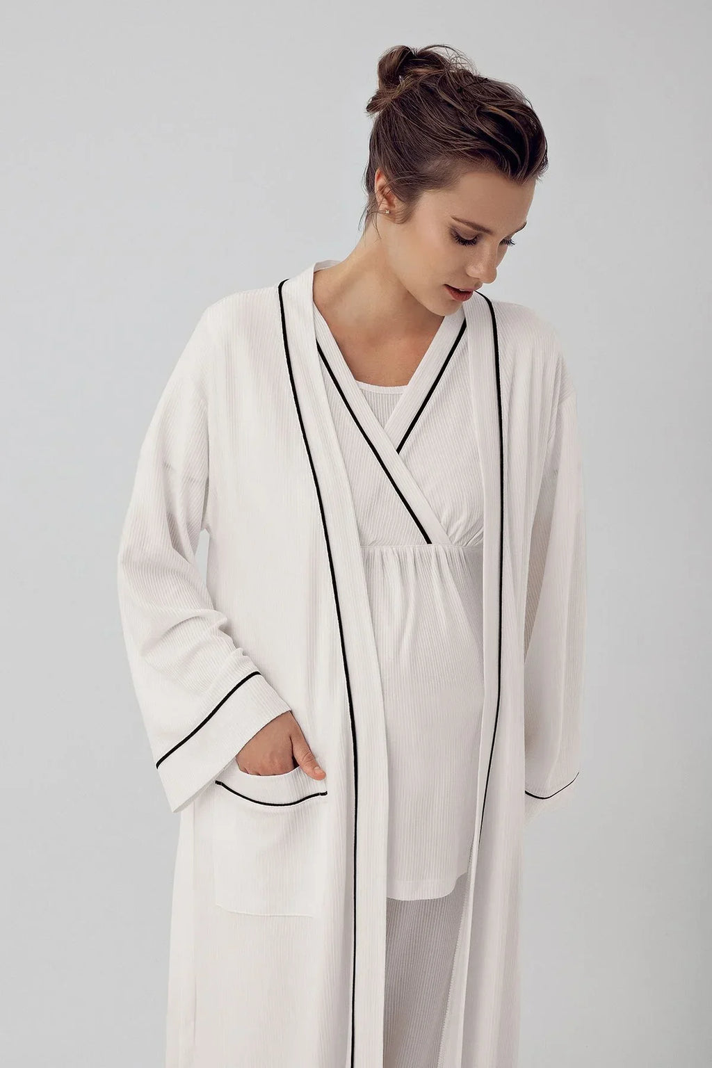 Double Breasted 3-Piece Maternity Feeding-Friendly Pajama & Robe Set Ecru - S16302