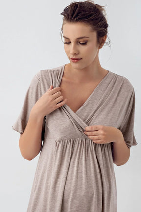 Double Breasted 3-Piece Maternity-Nursing Pajama & Flywheel Arm Robe Set Beige - 16309