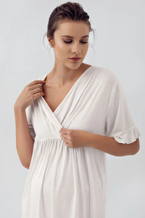 Double Breasted 3-Piece Maternity-Nursing Pajama & Flywheel Arm Robe Set Ecru - 16309