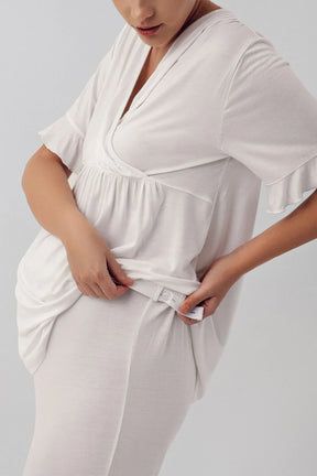 Double Breasted 3-Piece Maternity-Nursing Pajama & Flywheel Arm Robe Set Ecru - 16309