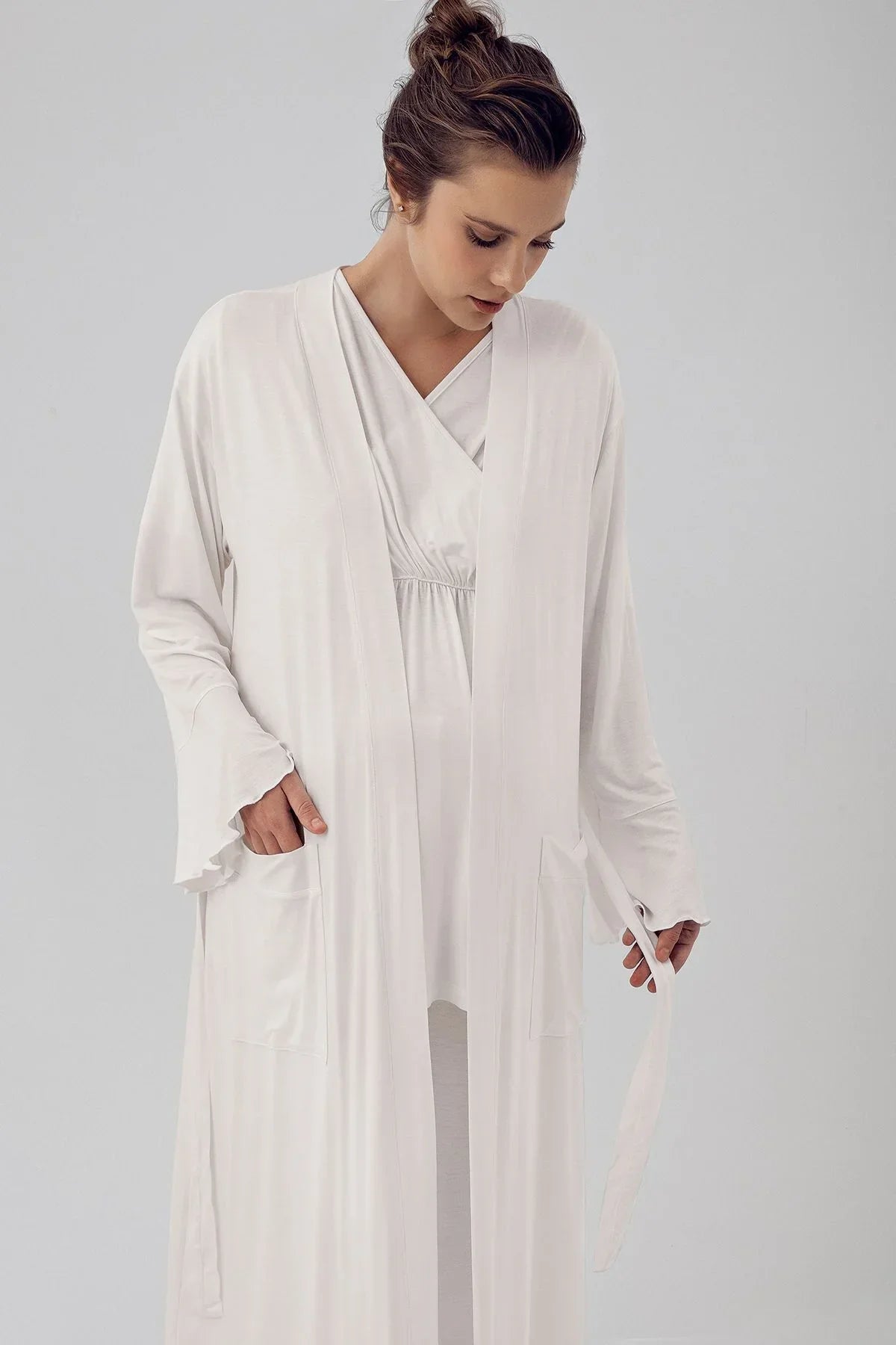 Double Breasted 3-Piece Maternity-Nursing Pajama & Flywheel Arm Robe Set Ecru - 16309