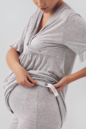 Double Breasted 3-Piece Maternity-Nursing Pajama & Flywheel Arm Robe Set Grey - 16309