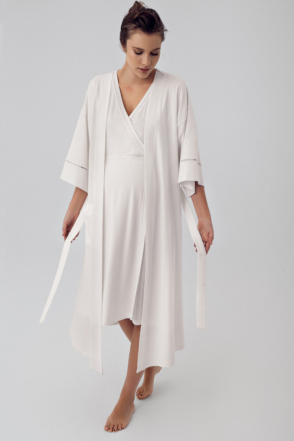 Double Breasted Maternity Feeding-Friendly Nightgown & Robe Set Ecru - S16400