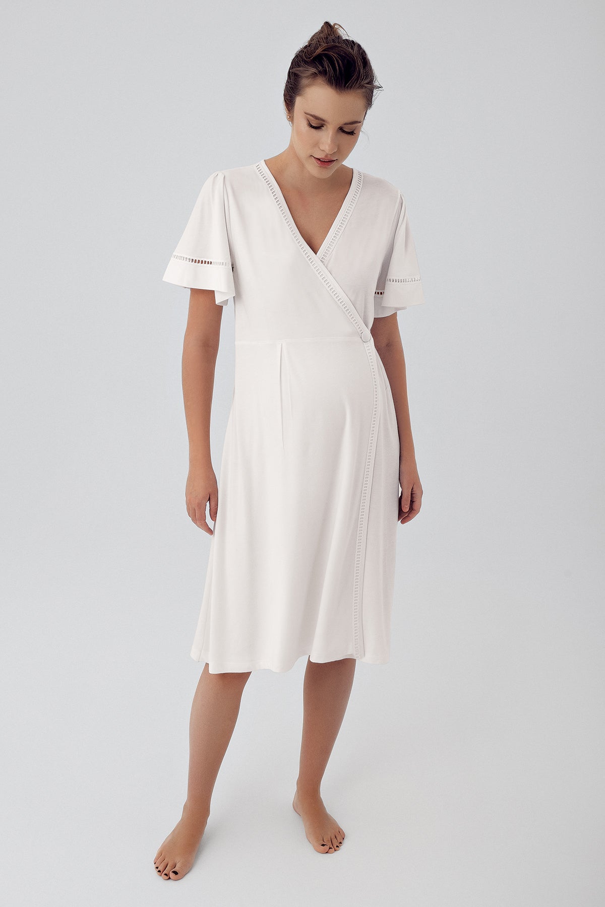 Double Breasted Maternity Feeding-Friendly Nightgown & Robe Set Ecru - S16400
