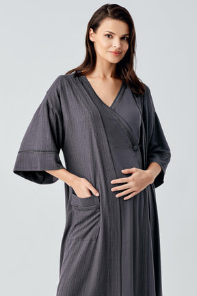 Double Breasted Maternity-Nursing Nightgown & Robe Set Anthracite - 16400